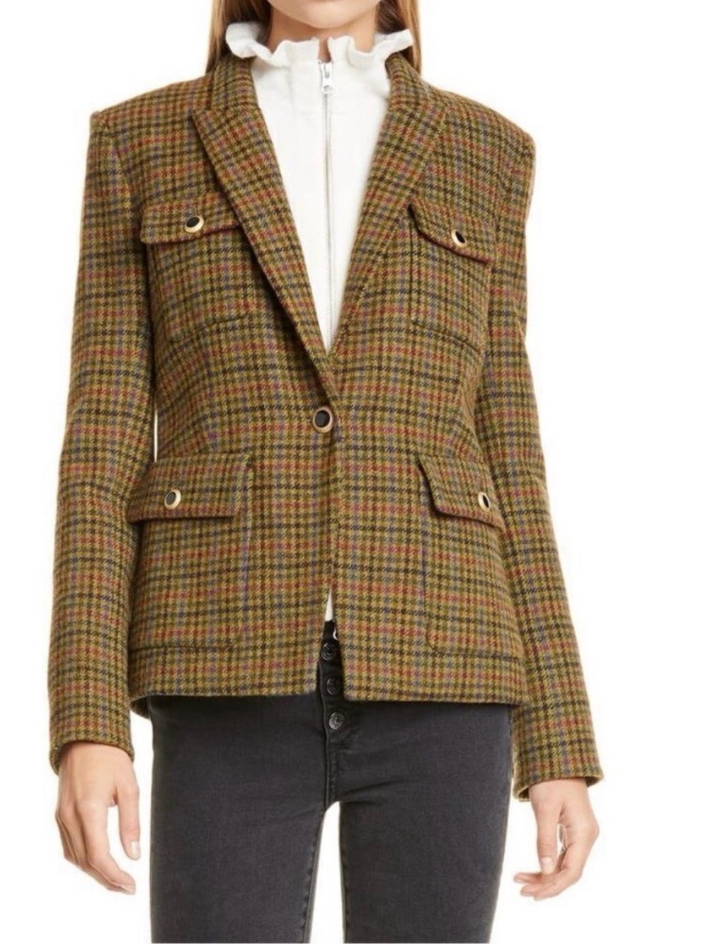 Veronica Beard Hamlin Dickey Jacket Plaid Wool Tweed Blazer Green Brown Size 0